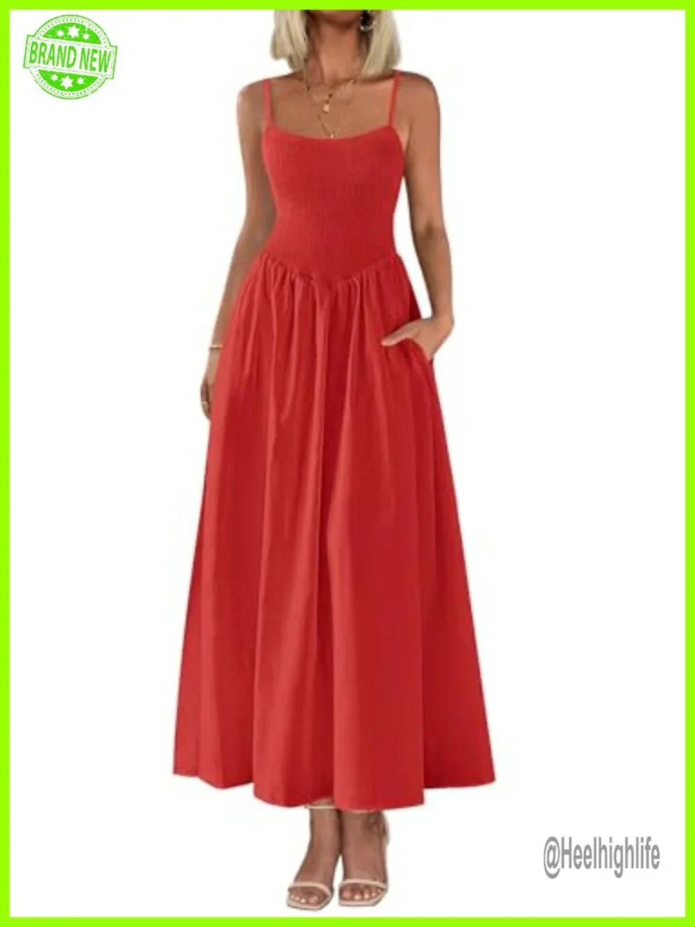 Smocked Maxi Dress with Pockets Spaghetti Strap A-Line Beach Sundress - Picture 1 of 6